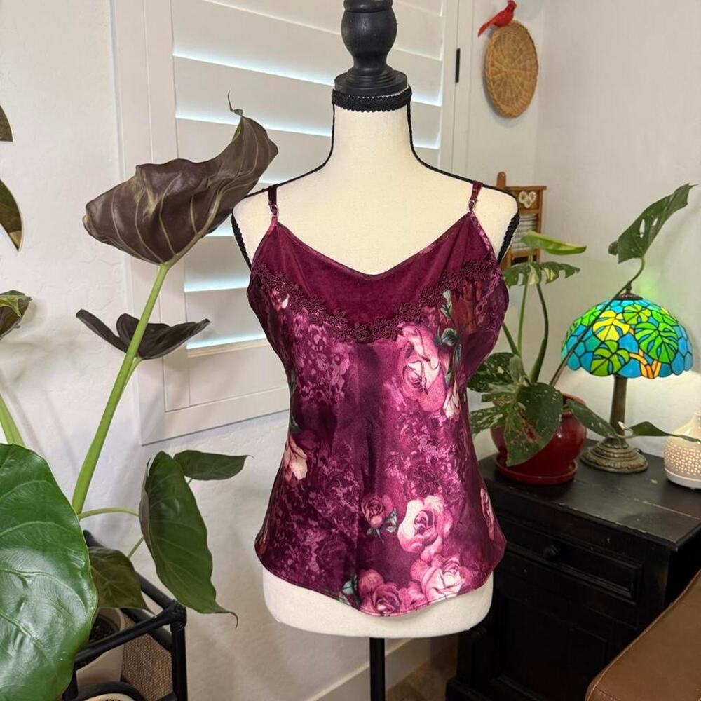 Y2K Secret Treasures Burgundy Floral Satin Lace Cami Whimsigoth Top